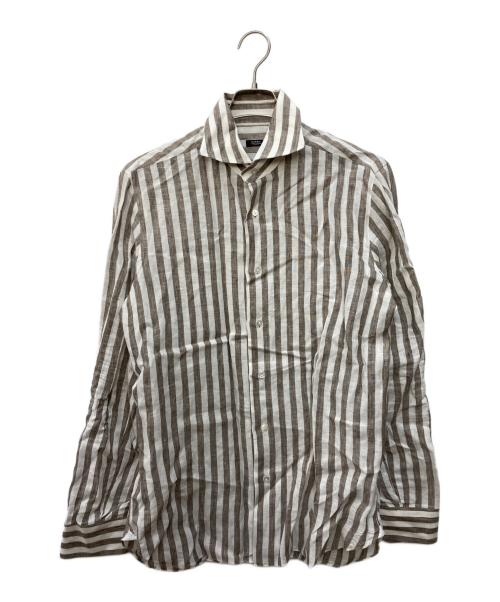 BARBA（バルバ）BARBA (バルバ) ホリゾンタルカラーリネンシャツ ブラウン×ホワイト サイズ:41の古着・服飾アイテム