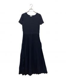 LANVIN en Bleu（ランバンオンブルー）の古着「Aラインサイドリボン半袖ニットワンピース」｜ネイビー