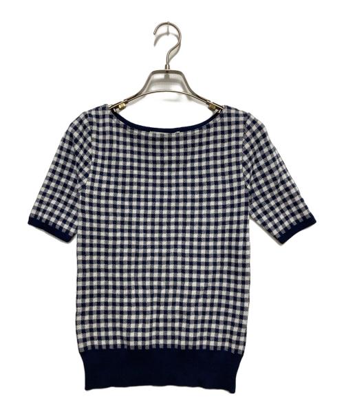 JENNE（ジェンヌ）JENNE (ジェンヌ) シルク混ボートネックチェックニット ネイビー サイズ:S 未使用品の古着・服飾アイテム