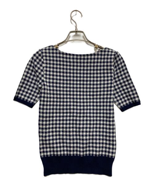 JENNE（ジェンヌ）JENNE (ジェンヌ) シルク混ボートネックチェックニット ネイビー サイズ:S 未使用品の古着・服飾アイテム