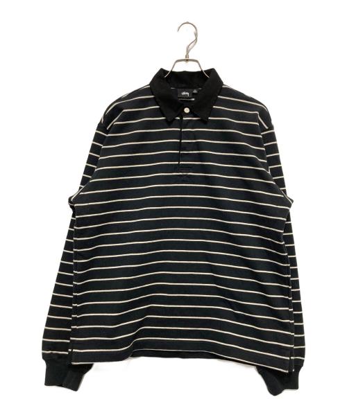 stussy（ステューシー）stussy (ステューシー) STRIPED RUGBY SHIRT ブラック サイズ:Lの古着・服飾アイテム