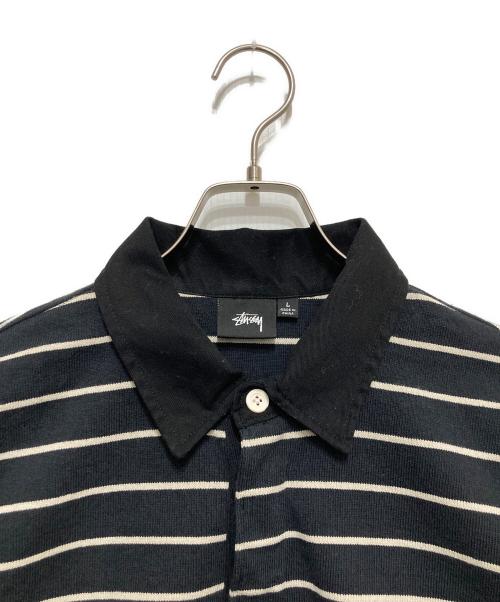 stussy（ステューシー）stussy (ステューシー) STRIPED RUGBY SHIRT ブラック サイズ:Lの古着・服飾アイテム