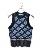 Mame Kurogouchiマメクロゴウチ）の古着「Floral Checquered Knitted Vest　フローラル チェッカード ニット ベスト」｜ブルー
