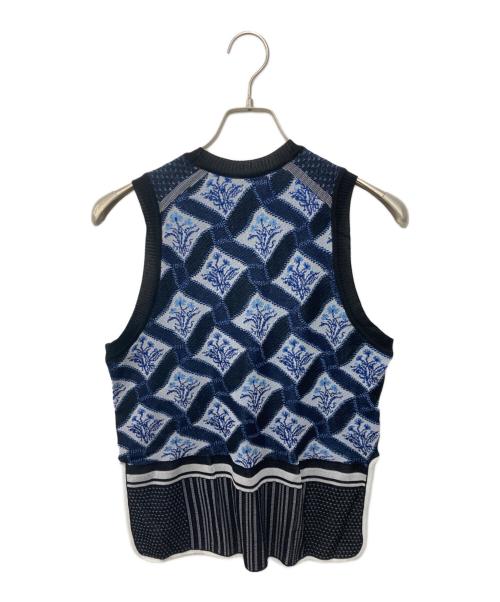 Mame Kurogouchi（マメクロゴウチ）mame kurogouchi (マメクロゴウチ) Floral Checquered Knitted Vest　フローラル チェッカード ニット ベスト ブルー サイズ:SIZE 2の古着・服飾アイテム