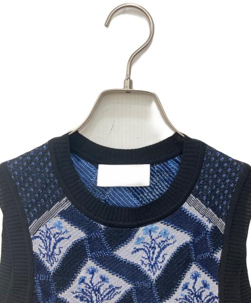 Mame Kurogouchi（マメクロゴウチ）mame kurogouchi (マメクロゴウチ) Floral Checquered Knitted Vest　フローラル チェッカード ニット ベスト ブルー サイズ:SIZE 2の古着・服飾アイテム