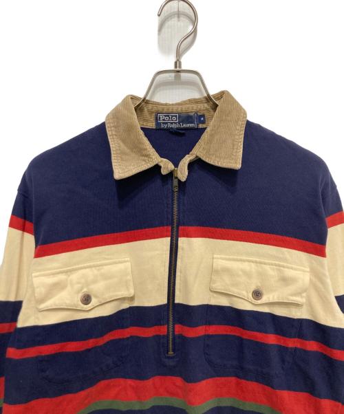 POLO RALPH LAUREN（ポロ・ラルフローレン）POLO RALPH LAUREN (ポロ・ラルフローレン) コーデュロイ襟ハーフジップポロシャツ ベージュ×ネイビー サイズ:Ⅿの古着・服飾アイテム