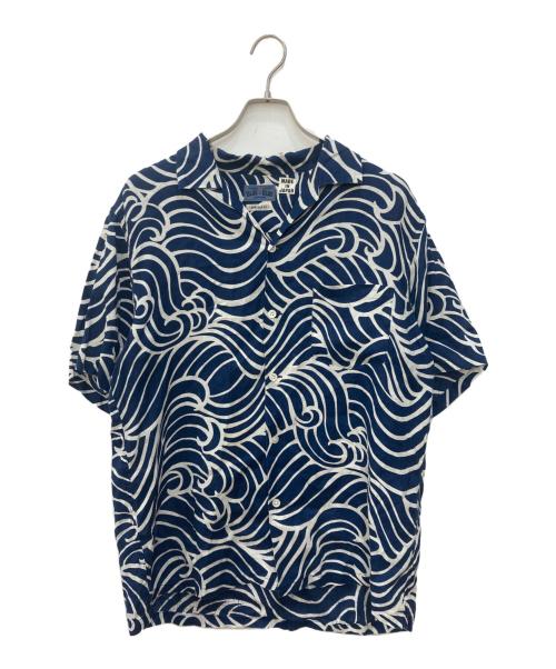 BLUE BLUE（ブルーブルー）BLUE BLUE (ブルーブルー) OPEN COLLAR SS SHIRT ブルー×ホワイト サイズ:3の古着・服飾アイテム