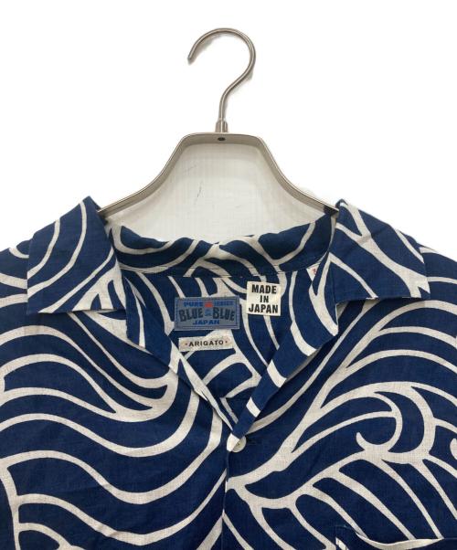 BLUE BLUE（ブルーブルー）BLUE BLUE (ブルーブルー) OPEN COLLAR SS SHIRT ブルー×ホワイト サイズ:3の古着・服飾アイテム