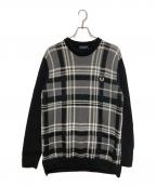 FRED PERRYフレッドペリー）の古着「Tartan Panel Sweater　タータン パネル セーター」｜ブラック×ホワイト