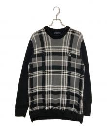 FRED PERRY（フレッドペリー）の古着「Tartan Panel Sweater　タータン パネル セーター」｜ブラック×ホワイト