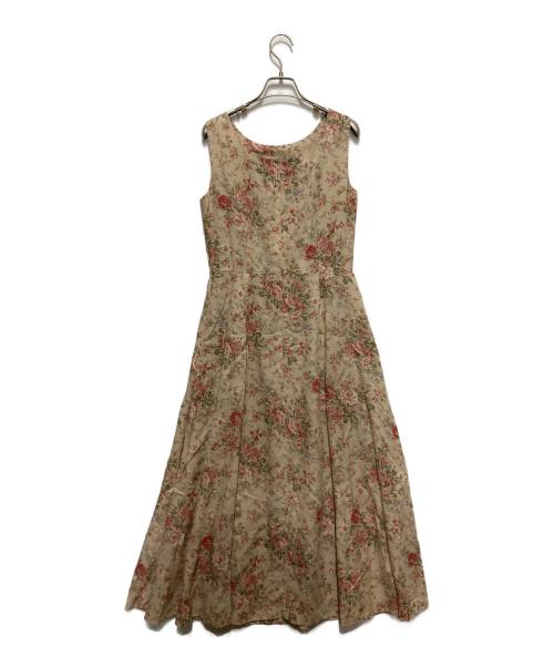 LAURA ASHLEY（ローラ アシュレイ）LAURA ASHLEY (ローラ アシュレイ) リネン混フラワープリントノースリーブワンピース ベージュ サイズ:9の古着・服飾アイテム