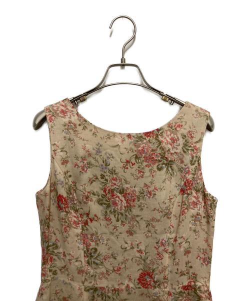 LAURA ASHLEY（ローラ アシュレイ）LAURA ASHLEY (ローラ アシュレイ) リネン混フラワープリントノースリーブワンピース ベージュ サイズ:9の古着・服飾アイテム