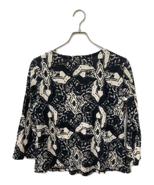 plantation（プランテーション）Plantation (プランテーション) リネン混総柄カットソー ブラック×ホワイト サイズ:Ｍの古着・服飾アイテム