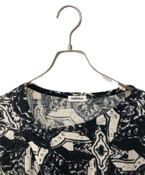 plantation（プランテーション）Plantation (プランテーション) リネン混総柄カットソー ブラック×ホワイト サイズ:Ｍの古着・服飾アイテム