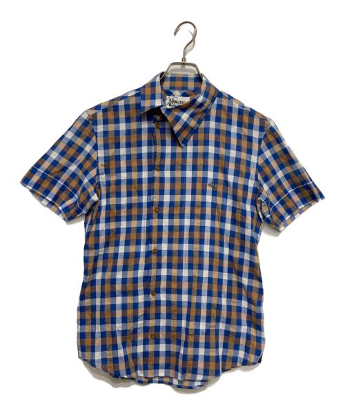 Vivienne Westwood man（ヴィヴィアン ウェストウッド マン）Vivienne Westwood man (ヴィヴィアン ウェストウッド マン) オーブ刺繍変形襟チェックシャツ ブルー サイズ:44の古着・服飾アイテム