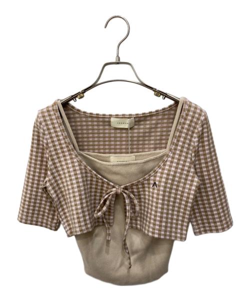 AND MARY（アンドマリー）AND MARY (アンドマリー) Ava gingham check tops ベージュ×ピンク サイズ:Fの古着・服飾アイテム