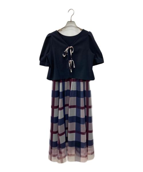 BLUE LABEL CRESTBRIDGE（ブルーレーベルクレストブリッジ）BLUE LABEL CRESTBRIDGE (ブルーレーベルクレストブリッジ) クレストブリッジチェックチュールプリントドレスセット ネイビー サイズ:Mの古着・服飾アイテム