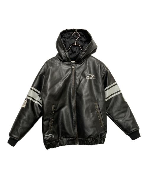 9090（9090）9090 (9090) Numbering Synthetic Leather Zip Hoodie ブラック サイズ:Mの古着・服飾アイテム