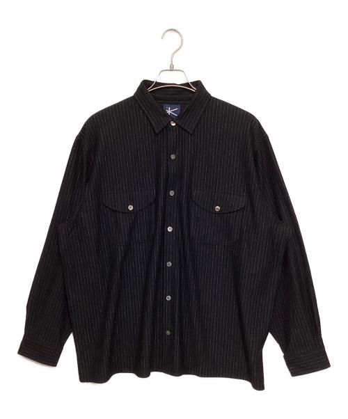 KANEMASA PHIL.（カネマサフィル）KANEMASA PHIL. (カネマサフィル) HIGH GAUGE MILLED WOOL STRIPE SHIRTS ネイビー サイズ:Mの古着・服飾アイテム