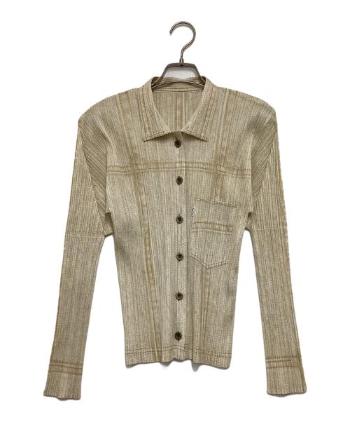 PLEATS PLEASE（プリーツプリーズ）PLEATS PLEASE (プリーツプリーズ) ホワイトデニムジャケット転写プリーツシャツ ベージュ サイズ:3の古着・服飾アイテム
