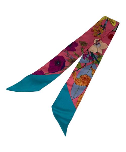 GUCCI（グッチ）GUCCI (グッチ) シルクフローラルスカーフ ブルー×ピンクの古着・服飾アイテム