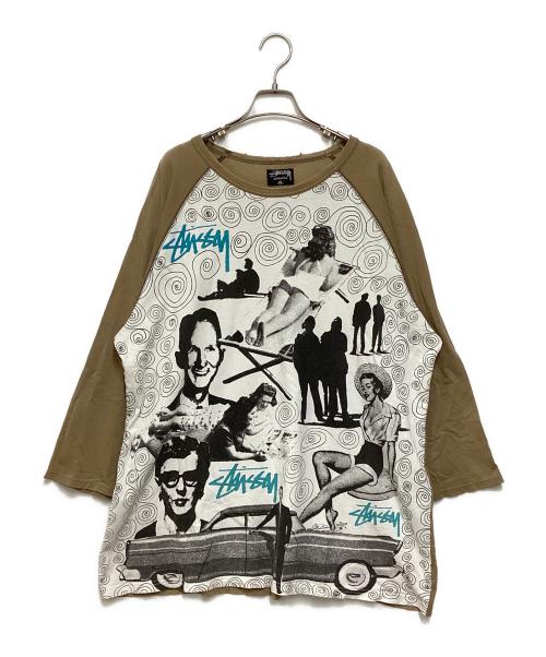 stussy（ステューシー）stussy (ステューシー) ラグランカットソー ホワイト×ブラウン サイズ:XLの古着・服飾アイテム