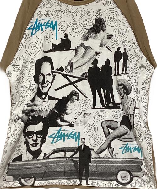 stussy（ステューシー）stussy (ステューシー) ラグランカットソー ホワイト×ブラウン サイズ:XLの古着・服飾アイテム