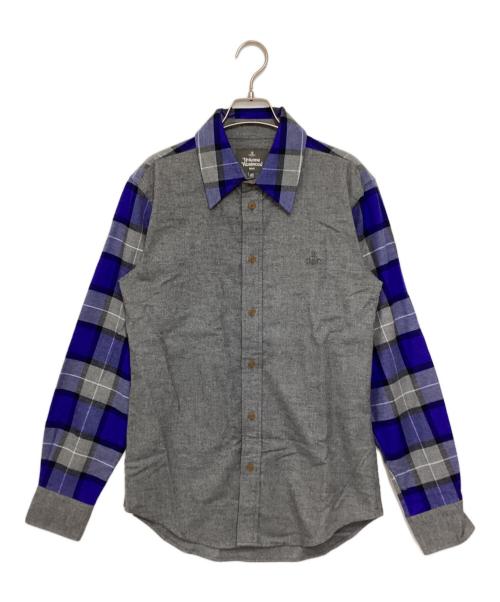 Vivienne Westwood man（ヴィヴィアン ウェストウッド マン）Vivienne Westwood man (ヴィヴィアン ウェストウッド マン) オーブ刺繍チェックシャツ グレー×ブルー サイズ:46の古着・服飾アイテム