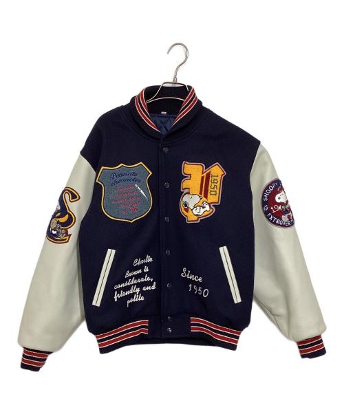 PEANUTS（ピーナッツ）PEANUTS (ピーナッツ) オールドスタジャン/袖レザー切替ジャケット ネイビー×ホワイト サイズ:Mの古着・服飾アイテム