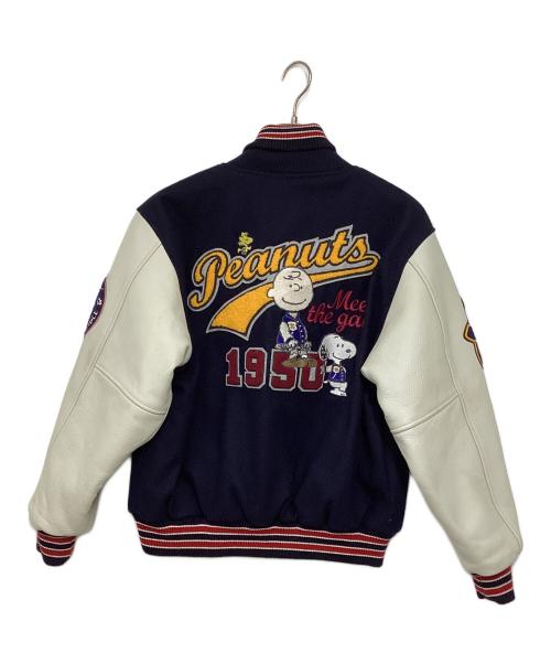 PEANUTS（ピーナッツ）PEANUTS (ピーナッツ) オールドスタジャン/袖レザー切替ジャケット ネイビー×ホワイト サイズ:Mの古着・服飾アイテム