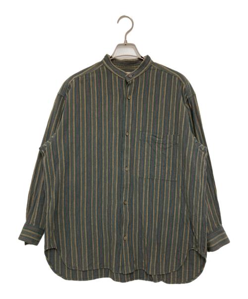 plantation（プランテーション）plantation (プランテーション) マルチストライプバンドカラーシャツ グリーン×ベージュ サイズ:Mの古着・服飾アイテム