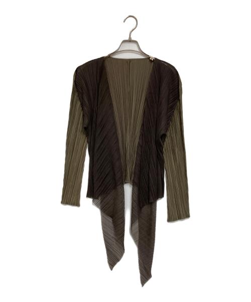 PLEATS PLEASE（プリーツプリーズ）PLEATS PLEASE (プリーツプリーズ) 変形ドレーププリーツカーディガン グリーン×ブラウン サイズ:4の古着・服飾アイテム