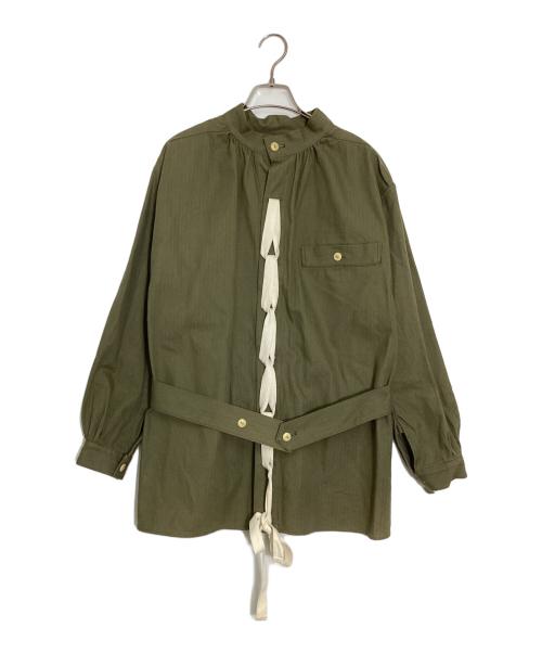 Yo's Yo（ヨーズヨー）Yo's Yo (ヨーズヨー) ヘリンボーンバンドカラーシャツ カーキ サイズ:Mの古着・服飾アイテム