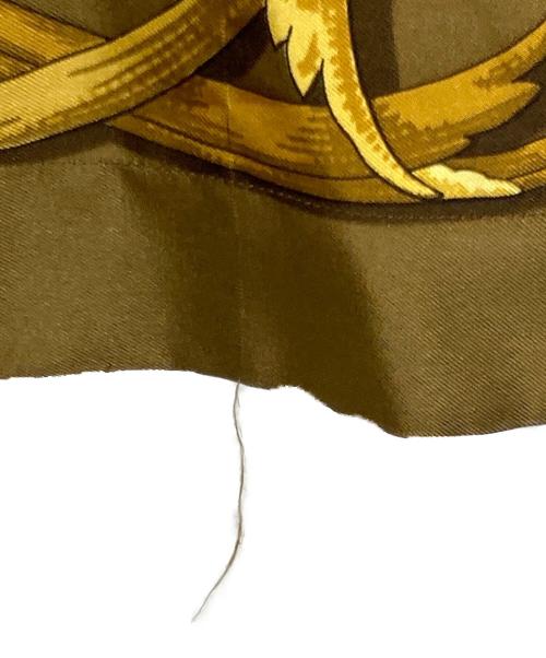 HERMES（エルメス）HERMES (エルメス) カシミヤ混ニット切替 スカーフ柄 ポロシャツ ブラウン×イエロー サイズ:Lの古着・服飾アイテム