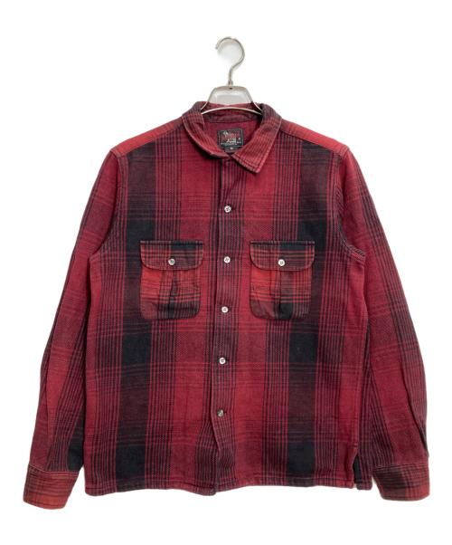 WOOLRICH（ウールリッチ）WOOLRICH (ウールリッチ) レザーエルボーパッチフランネルシャツ レッド×ブラック サイズ:Mの古着・服飾アイテム