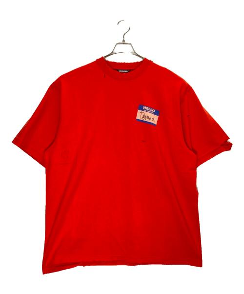 BALENCIAGA（バレンシアガ）BALENCIAGA (バレンシアガ) デストロイ加工 ワンポイント ロゴ ヘビーウェイト クルーネック 半袖Tシャツ レッド サイズ:Sの古着・服飾アイテム