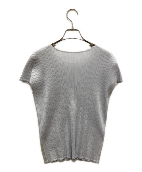 PLEATS PLEASE（プリーツプリーズ）PLEATS PLEASE (プリーツプリーズ) キャップスリーブプリントプリーツカットソー グレー サイズ:3の古着・服飾アイテム