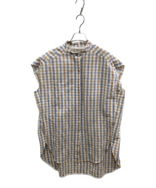 YORI（ヨリ）yori (ヨリ) チェック フレンチスリーブ ブラウス ベージュ×ブルー サイズ:Freeの古着・服飾アイテム