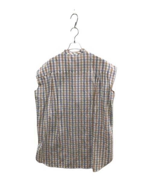 YORI（ヨリ）yori (ヨリ) チェック フレンチスリーブ ブラウス ベージュ×ブルー サイズ:Freeの古着・服飾アイテム