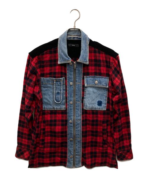 DIESEL（ディーゼル）DIESEL (ディーゼル) デニム切替チェックシャツ レッド×インディゴ サイズ:Sの古着・服飾アイテム