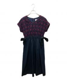 LANVIN（ランバン）の古着「刺繍ブラウスワンピース」｜ネイビー×ピンク