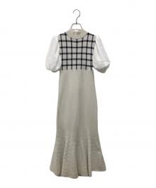 eimy istoire（エイミーイストワール）の古着「シェパードチェックマーメイドニットワンピース」｜ホワイト×ベージュ