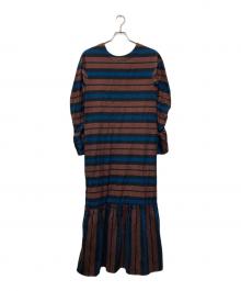 sara mallika（サラマリカ）の古着「Cotton Multi Border Back Gather Dress」｜ブラウン×ブルー