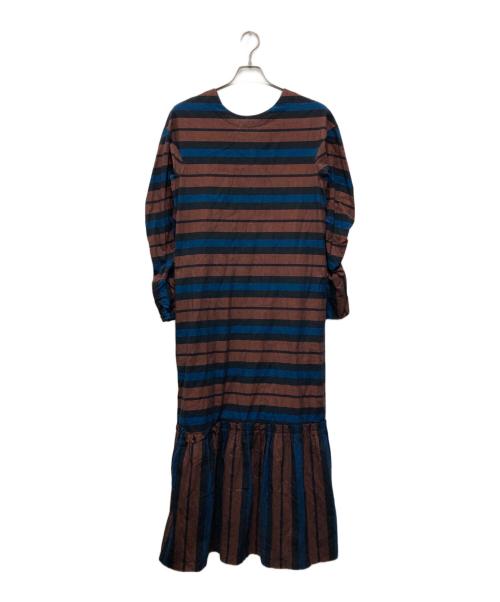 sara mallika（サラマリカ）sara mallika (サラマリカ) Cotton Multi Border Back Gather Dress ブラウン×ブルー サイズ:表記無しの古着・服飾アイテム