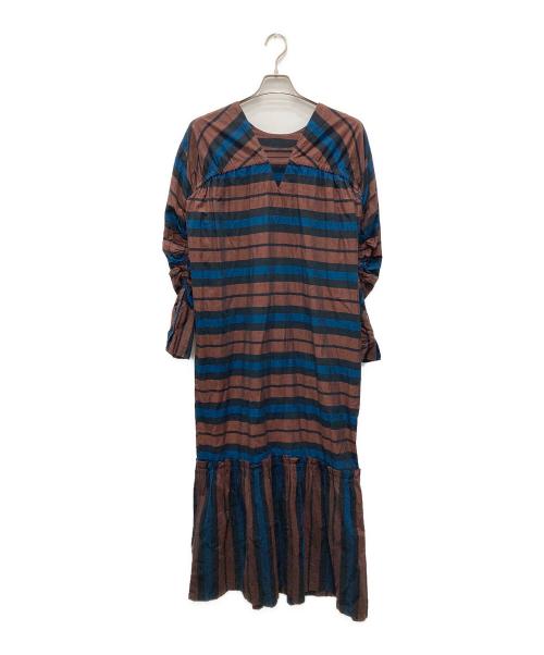 sara mallika（サラマリカ）sara mallika (サラマリカ) Cotton Multi Border Back Gather Dress ブラウン×ブルー サイズ:表記無しの古着・服飾アイテム