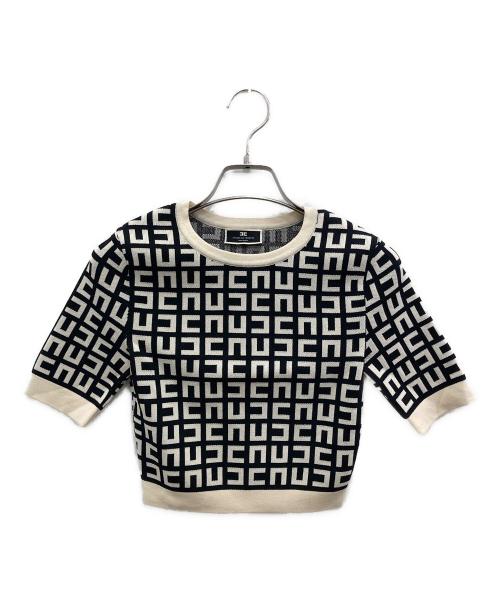 ELISABETTA FRANCHI（エリザベッタフランキ）ELISABETTA FRANCHI (エリザベッタフランキ) Monogram-Knit Cropped Top/モノグラム ニット クロップド トップ ホワイト×ブラック サイズ:表記無し(実寸ご確認ください）の古着・服飾アイテム