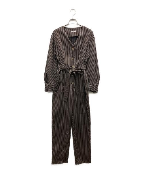 CLANE（クラネ）CLANE (クラネ) STRIPE BIG BUTTON ALL IN ONE/ストライプ ビッグ ボタン オールインワン ベージュ×ブラックの古着・服飾アイテム