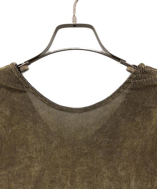 MANOF（マノフ）MANOF (マノフ) TULLE FLOCKED STRIPE TOPS/チュール フロック ストライプ トップス カーキ サイズ:Fの古着・服飾アイテム