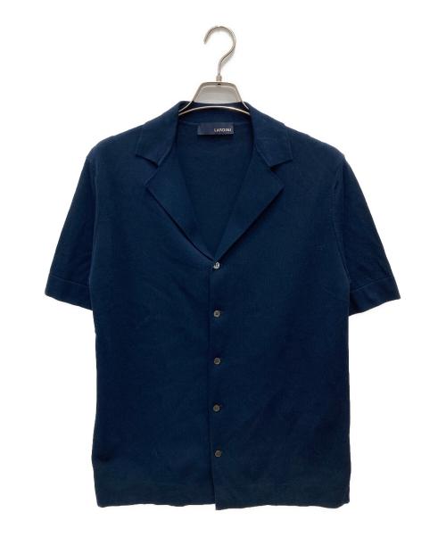 LARDINI（ラルディーニ）LARDINI (ラルディーニ) ミラノリブオープンカラーニット半袖シャツ ネイビー サイズ:48の古着・服飾アイテム