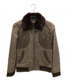 BURBERRY BLACK LABEL（バーバリーブラックレーベル）の古着「ツイード×ラムレザーコンビフライトジャケット」｜ベージュ